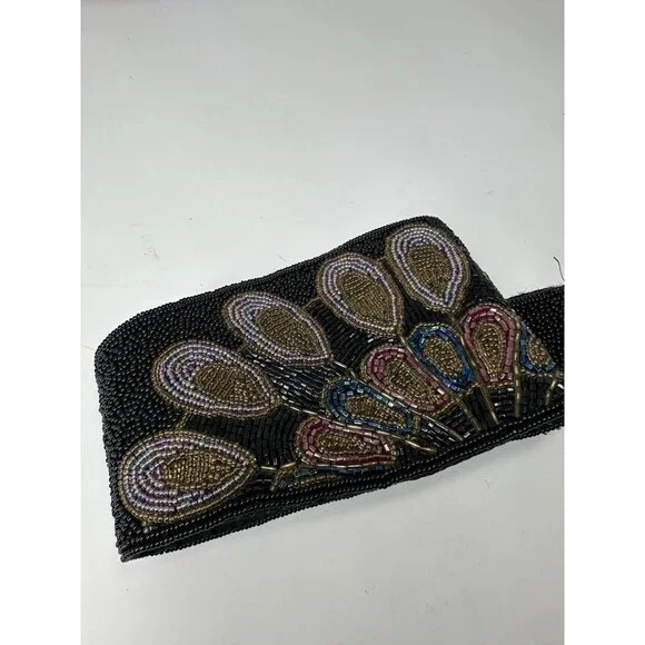 Vintage 1980's Black Multi Colored Hand Beaded Belt Snap Closure 29 black base - Picture 2 of 4